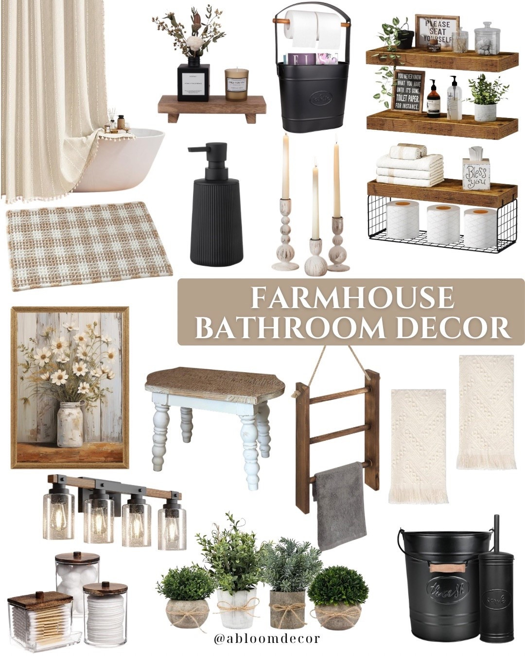 Farmhouse bathroom decor with a mix of black, rustic wood tones, and neutral accents.

#LTKHome