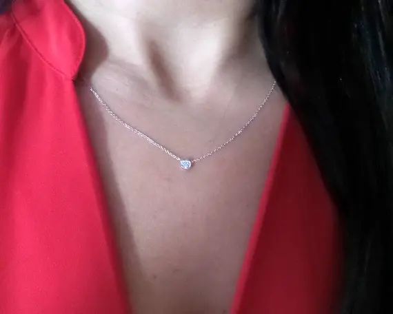 Diamond Necklace / Dainty Solitaire Necklace 14k White Gold / Diamond Bezel Necklace / Gold Diamo... | Etsy (US)