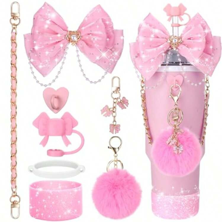 Bling Cup Accessories For Cup 30oz 40oz 20oz Tumbler With Handle, Including Bow Straw Topper Cover, Straw Bow Decorate, Leather Water Bottle Handle Strap, Boot | SHEIN