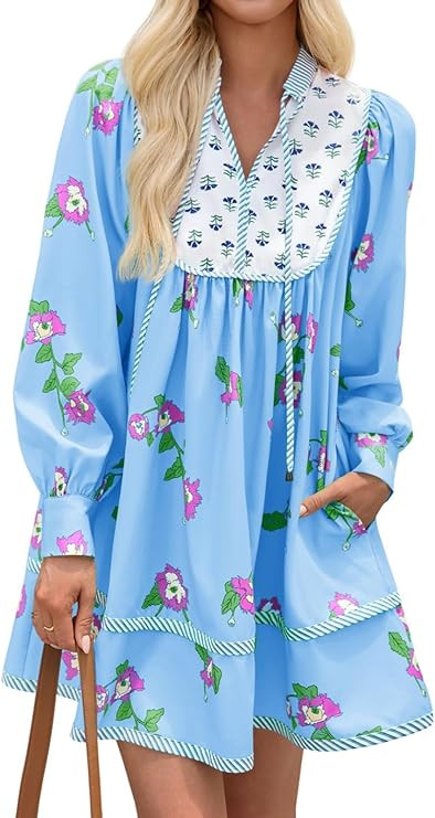 Wenrine Womens Casual Floral Mini Dress 2025 Fall Long Sleeve V Neck Patchwork Loose Boho Shirt D... | Amazon (US)