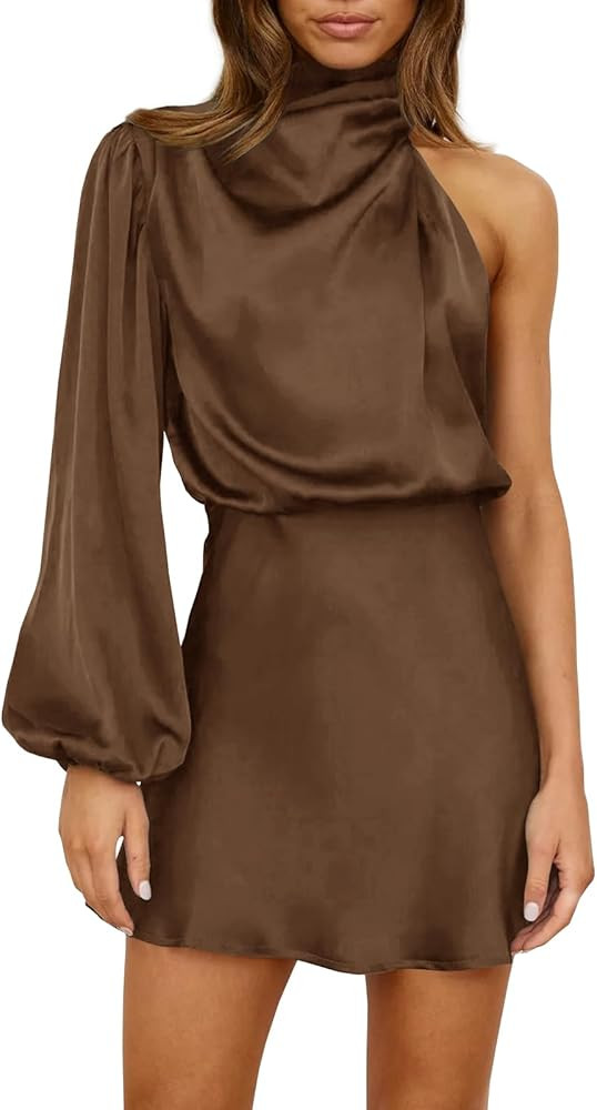 Fisoew Womens One Shoulder Satin Dress Elegant Mock Neck Long Sleeve Cocktail Party Mini Dresses | Amazon (US)