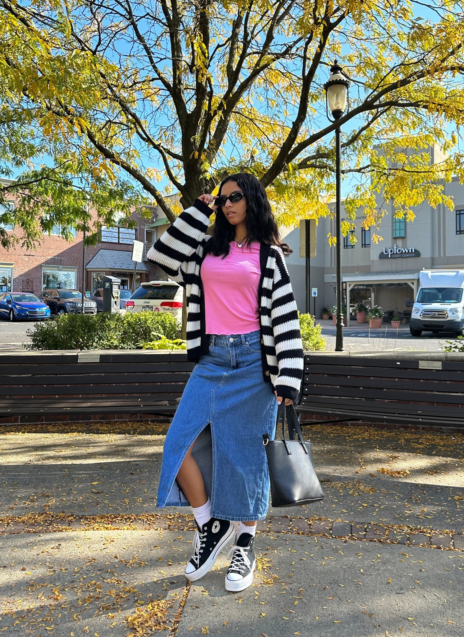 Striped cardigan, black and white cardigan, pink top, bright pink long sleeve, denim skirt, long denim skirt, platform sneakers, black sneakers, converse, slouchy socks, white socks, black bag, small black bag, fall outfits, fall trends, fall 2023

#LTKsalealert #LTKstyletip #LTKfindsunder100