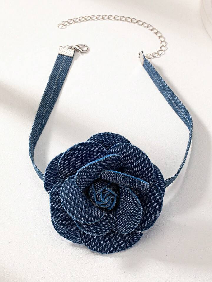 1 Pc Denim Flower Rosette Floral Choker Necklace Summer Season Necklaces Jewelry | SHEIN