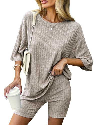 Ekouaer Pajamas 2 Piece Lounge Sets Ribbed Knit Matching Outfits T-shirt Biker Shorts Sleepwear L... | Amazon (US)
