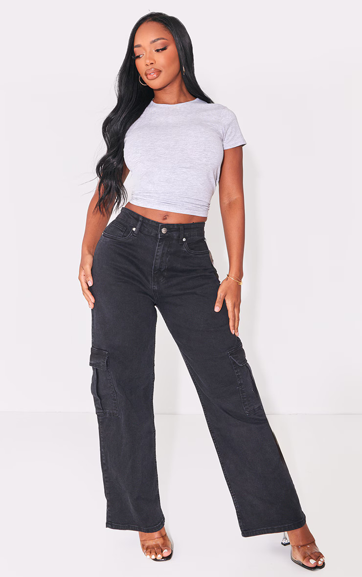 PRETTYLITTLETHING Shape Washed Black Cargo Wide Leg Jeans | PrettyLittleThing UK