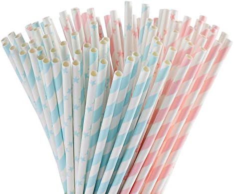 ALINK Light Pink Blue White Paper Straws Bulk, 100 Biodegradable Party Straws for Boy Girl Baby S... | Amazon (US)