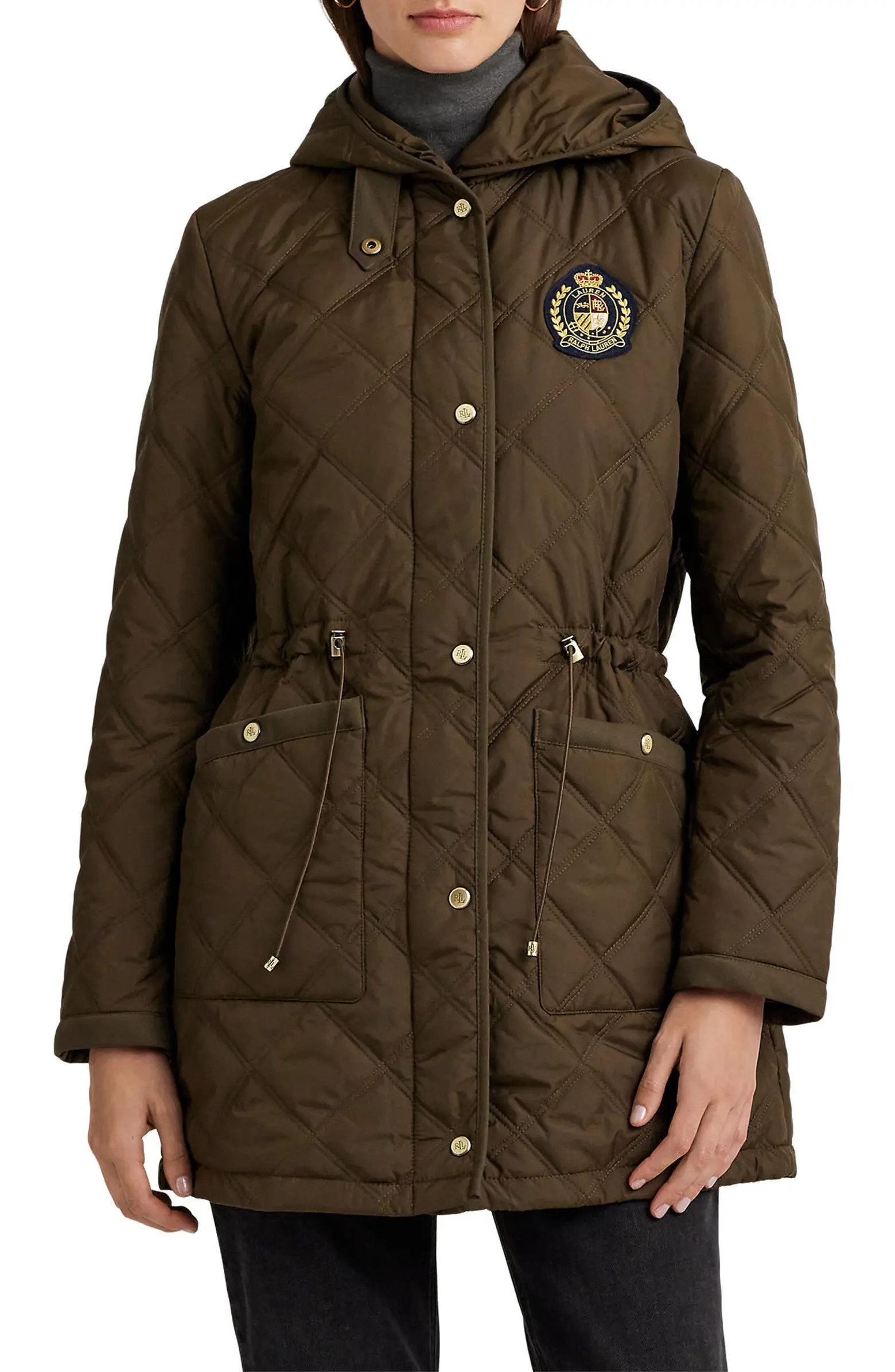Lauren Ralph Lauren Crest Embroider Patch Quilted Hooded Jacket | Nordstrom | Nordstrom