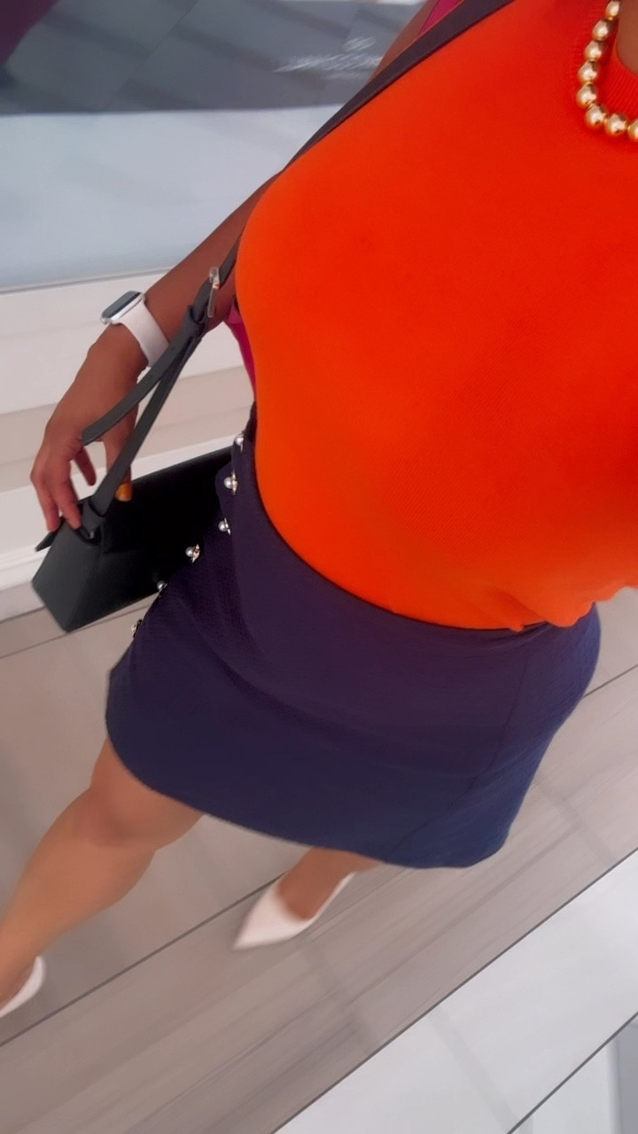 Pairing orange and navy together. This beautiful top and navy skirt are so cute together. Business casual outfit for summer. With my navy Kate Spade purse.  

#LTKShoeCrush #LTKVideo #LTKSummerSales