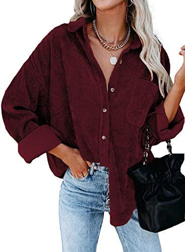 Astylish Womens Corduroy Shirts Button Down V Neck Long Sleeve Blouse Casual Roll Up Cuffed Tops with Pockets Red S | Amazon (US)