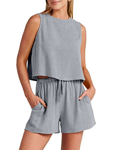 ANRABESS Women’s Summer 2 Piece Linen Shorts Sets Sleeveless Crop Top Romper Lounge Set 2024 Trendy Beach Outfits Grey Small | Amazon (US)