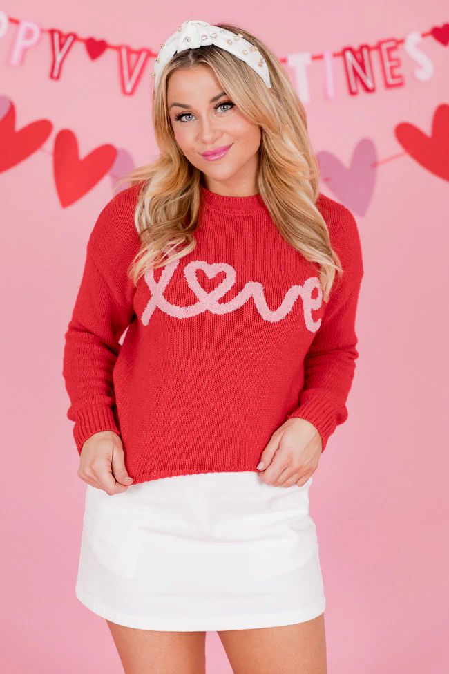 Running On Love Script Red Embroidered Sweater | Pink Lily