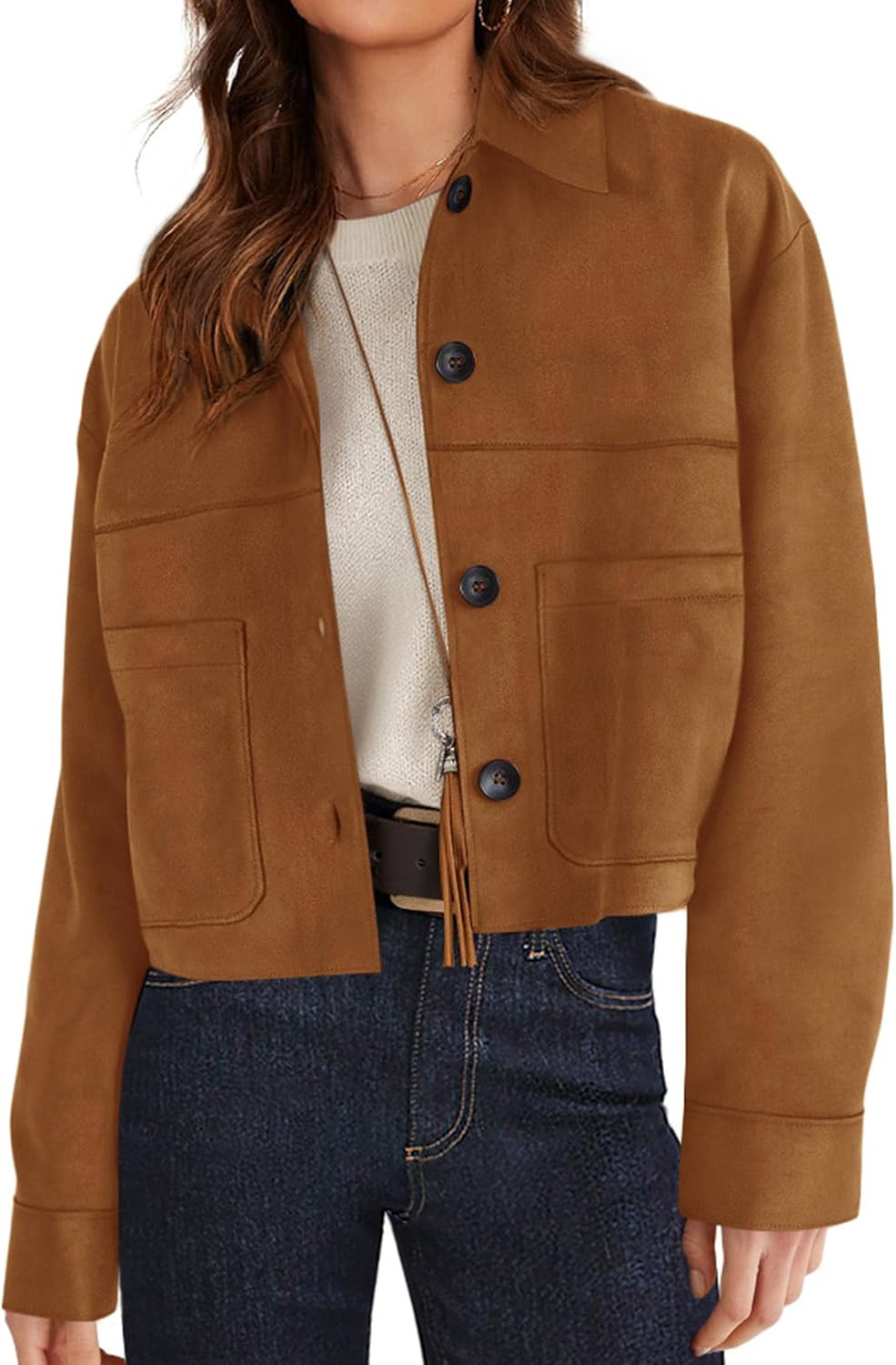 PRETTYGARDEN Women's Faux Suede Shacket Jackets Lightweight Cropped Coats | Amazon (US)