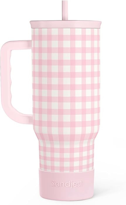 SANDJEST Pink Gingham 40oz Slider Tumbler with Handle and Straw - Insulated Stainless Steel Trave... | Amazon (US)