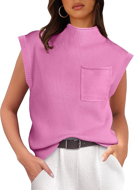 Womens Tops Cap Sleeve Casual Summer Mock Neck Sleeveless Sweater Vest Knit Tank Tops | Amazon (US)