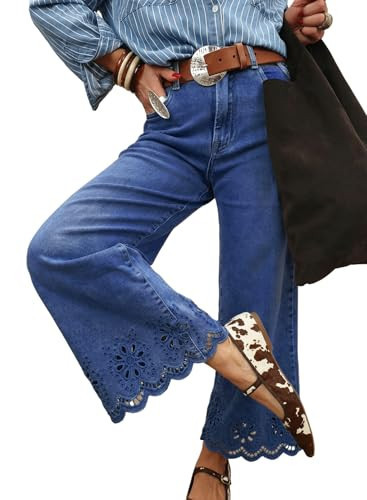 Sidefeel Womens Wide Leg Embroidered Jeans Dark Blue Size 12 | Amazon (US)