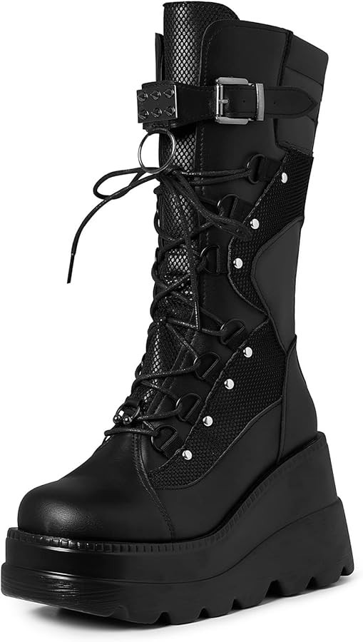Mikarka Goth Platform Boots for Women Mid Calf Rave Combat Boots Women Lace Up Round Toe Wedge He... | Amazon (US)