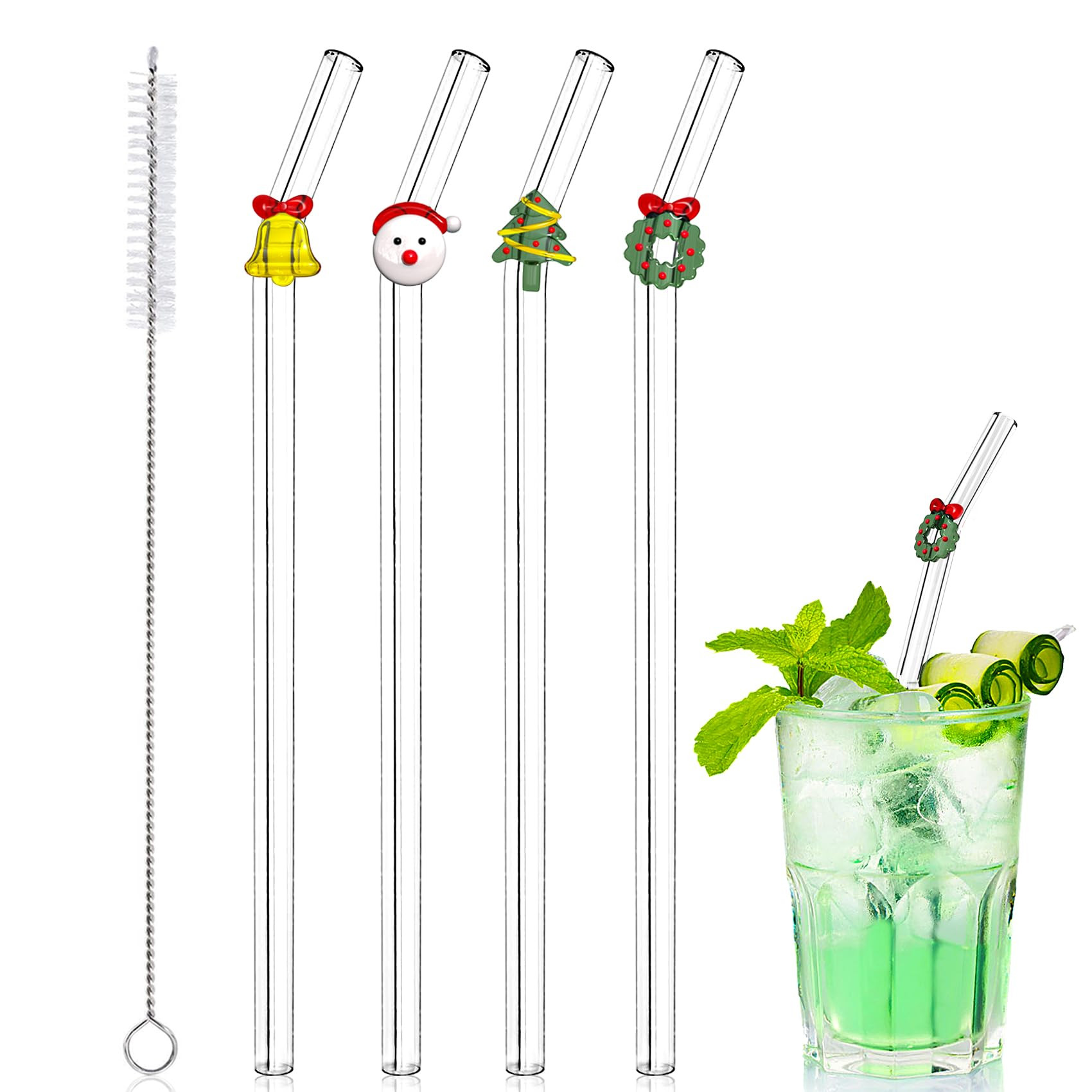 4Pcs Christmas Glass Straws with Charms, Reusable Clear Drinking Straws with Colorful Christmas D... | Amazon (US)