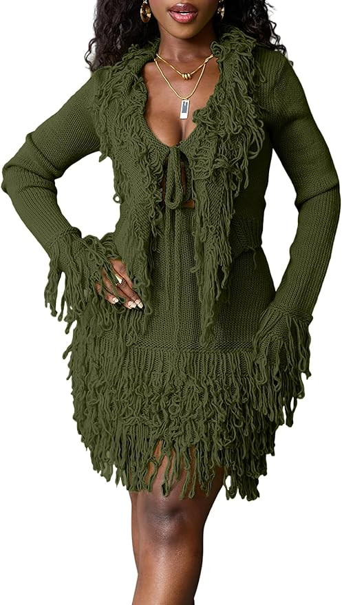Tbahhir 2 Piece Sweater Skirt Set for Women Fall Long Sleeve Fringe Sweaters Tops and Bodycon Tas... | Amazon (US)