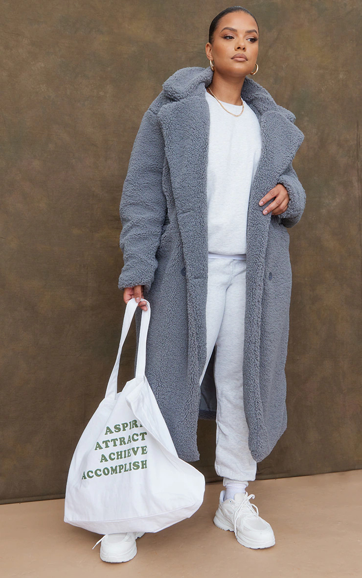 Plus Charcoal Longline Borg Coat | PrettyLittleThing US