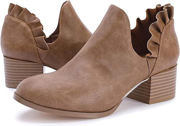 Fashare Womens Fall Cutout Booties Ankle Heels Low Stacked Ruffle Slip On Dress Short Boots Shoes | Amazon (US)