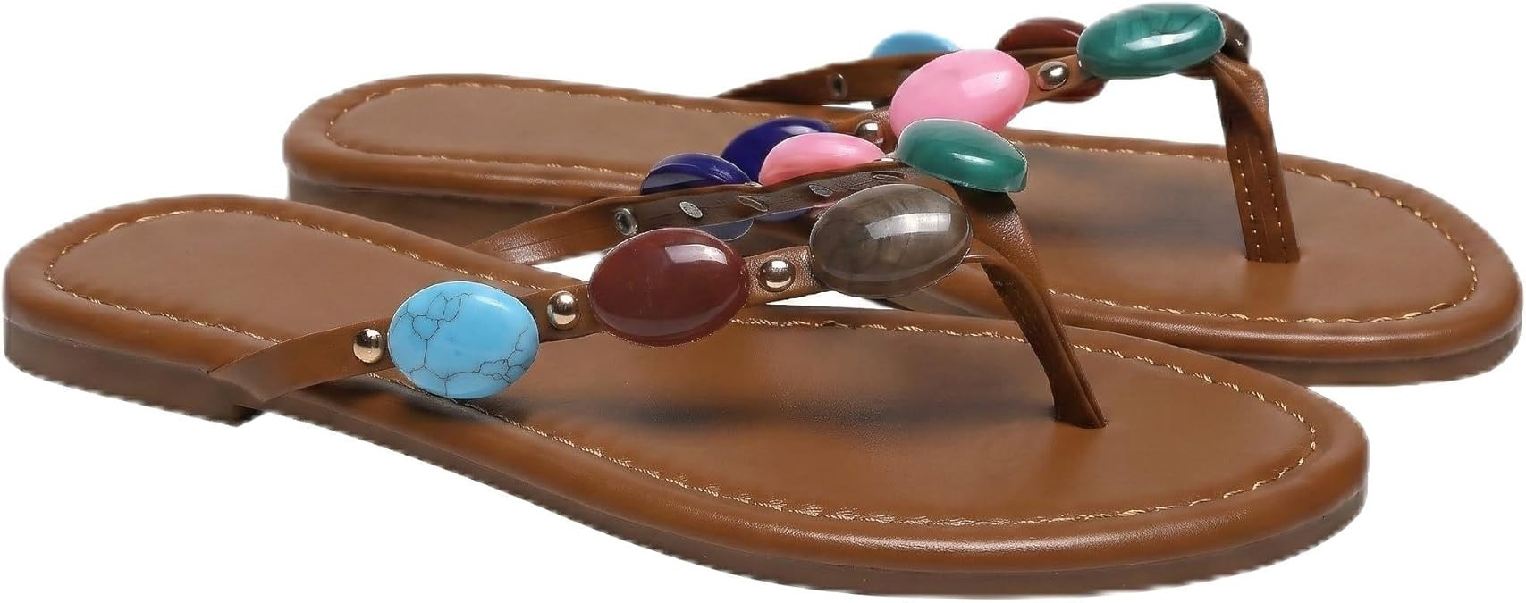 Women Jewelled Thong Strap Open Round Toe Flip Flops Comfy Slip on Flats Sandals Casual Summer Be... | Amazon (US)