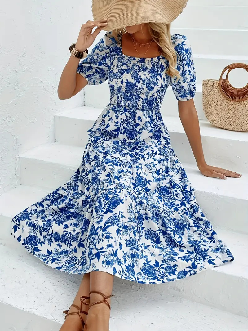 Floral Print A line Dress Elegant Short Sleeve Dress Spring - Temu | Temu Affiliate Program