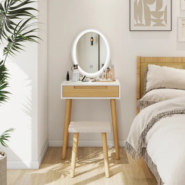 Leicester Vanity Table Set with Adjustable Brightness Mirror and Cushioned Stool | Wayfair North America