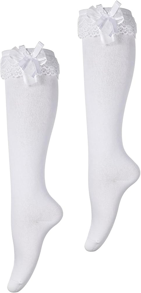 Teaaha White Knee High Socks with Bow, Women's Soft Solid Lace Thigh High Stocks Cotton Socks Lov... | Amazon (US)