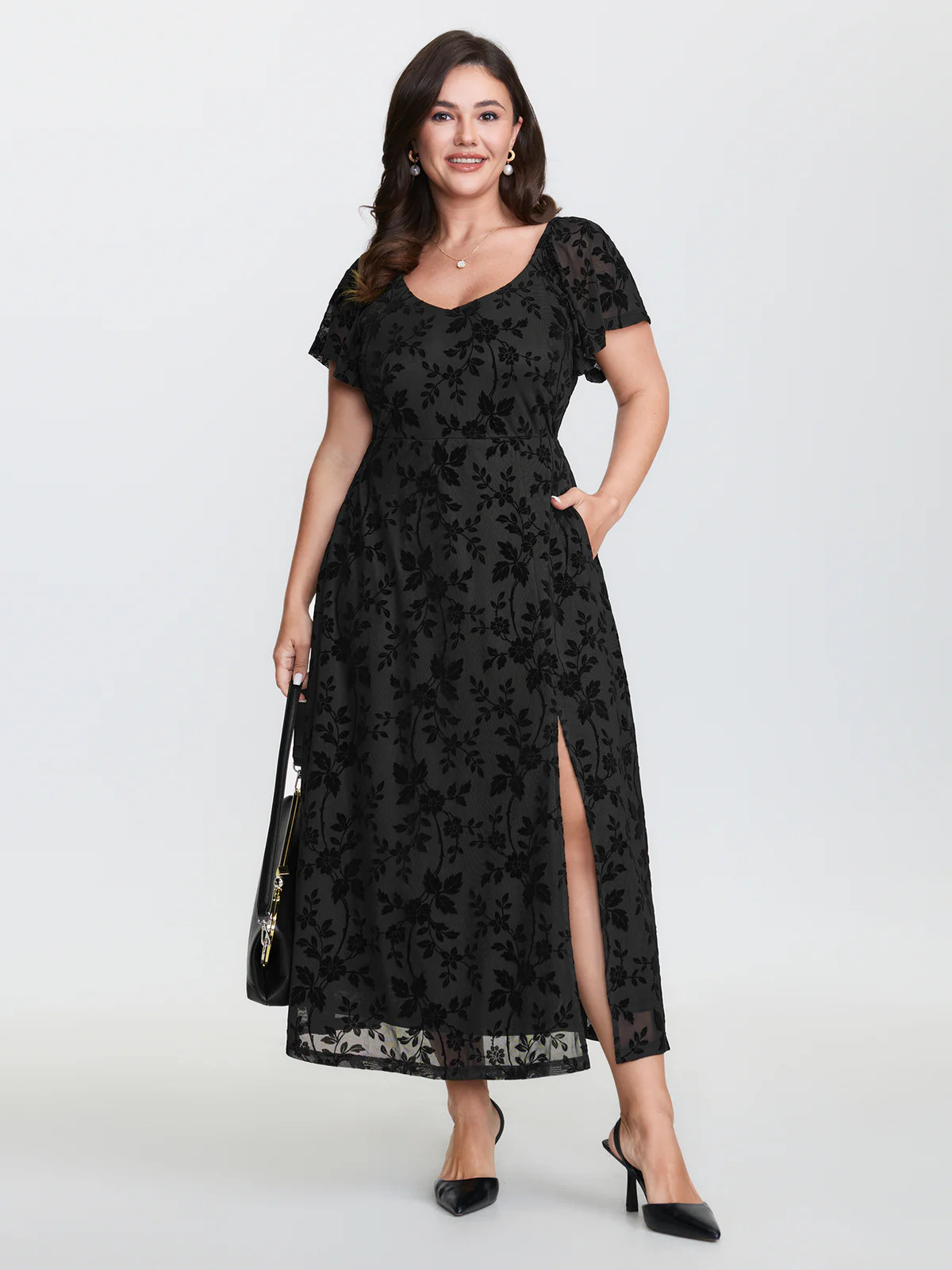 Floral Textured Jacquard Slit Hem Maxi Dress | Bloomchic