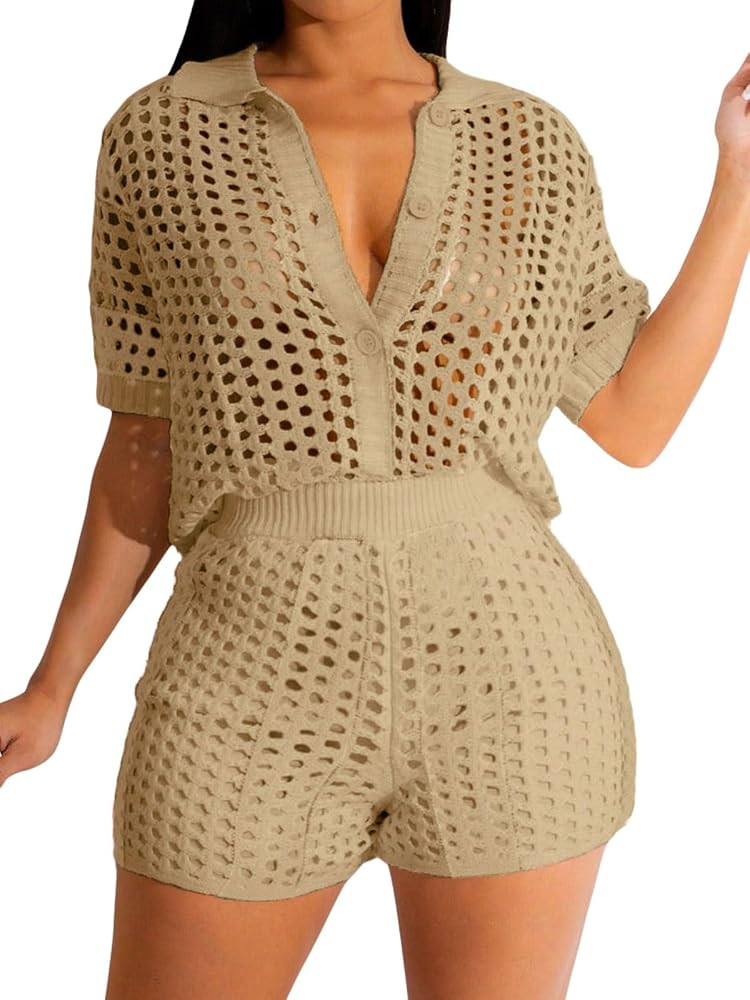 KANSOON Short Sets Women 2 Piece Outfits Knit Color Block Short Sleeve Button Down Shirt and Shor... | Amazon (US)