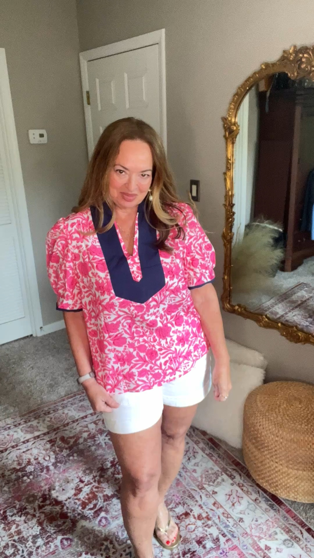 Summer pink and Navy puff skeeve dressy casual blouse. Its giving lilly vibes. 

#LTKgrwm #LTKMothersDay #LTKootd