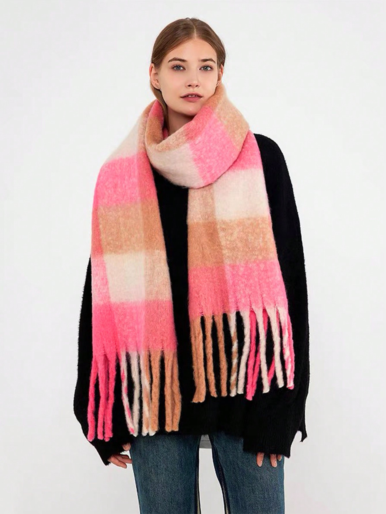 1pc Bright Pink Contrast Plaid Fringe Scarf, Autumn And Winter New Style Thick Warm Fashionable S... | SHEIN