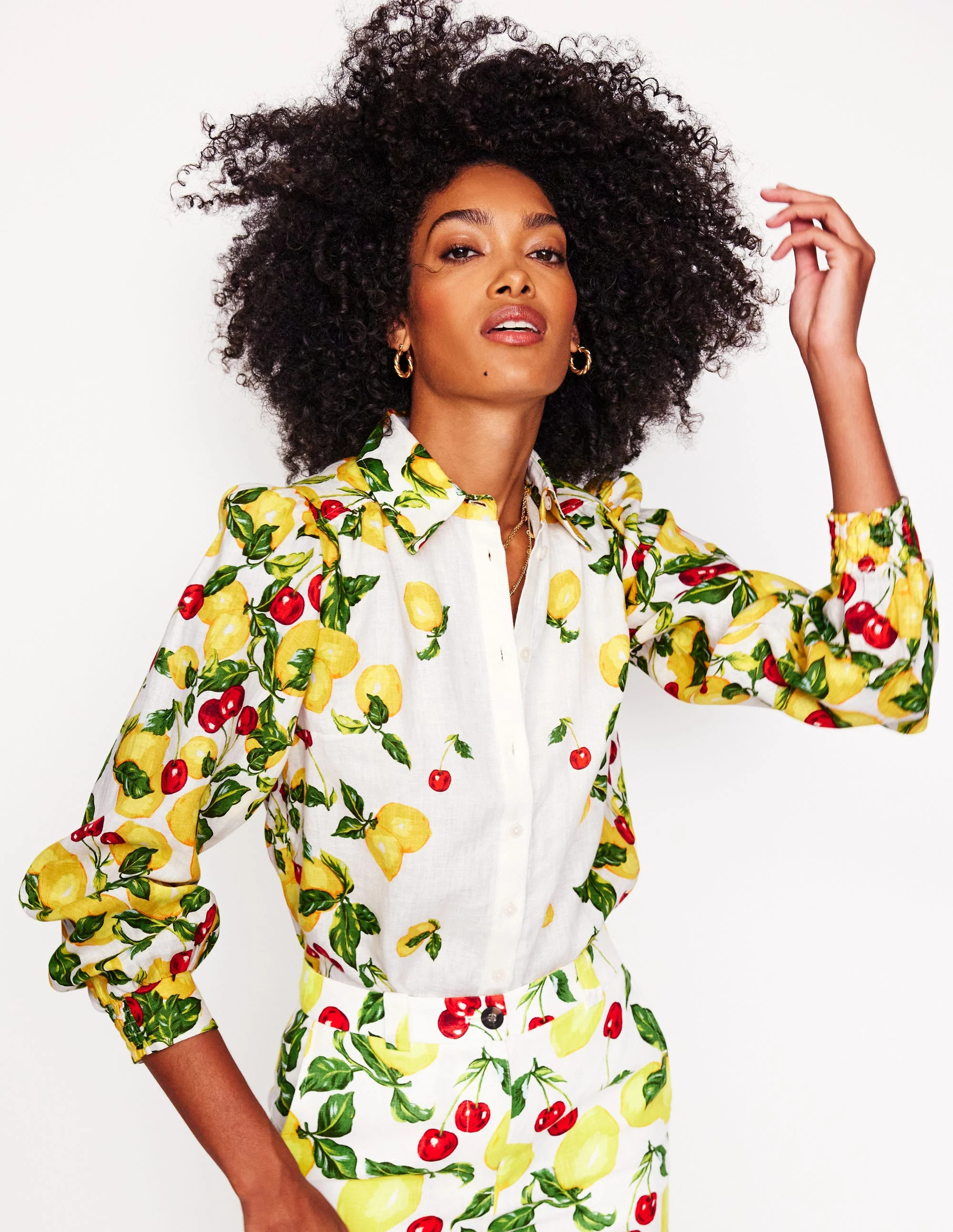 Placement Print Linen Shirt-Ivory, Cherries and Lemons | Boden UK