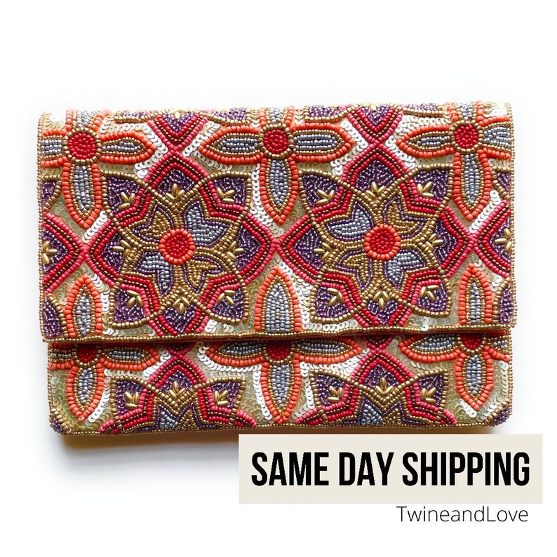 FLORAL Beaded Gold Sequin Clutch, Floral Clutch Bag, Beaded Clutch Purse, Floral Clutch Bag, Part... | Etsy (US)