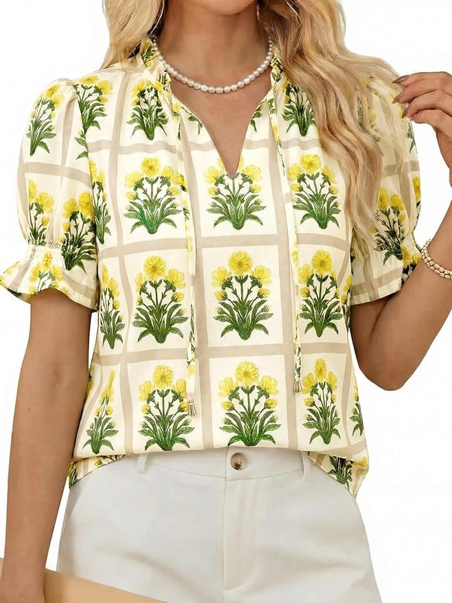 Tankaneo Womens Summer Floral Ruffle V Neck Blouses Dressy Casual Puff Short Sleeve Loose Fit Boh... | Amazon (US)