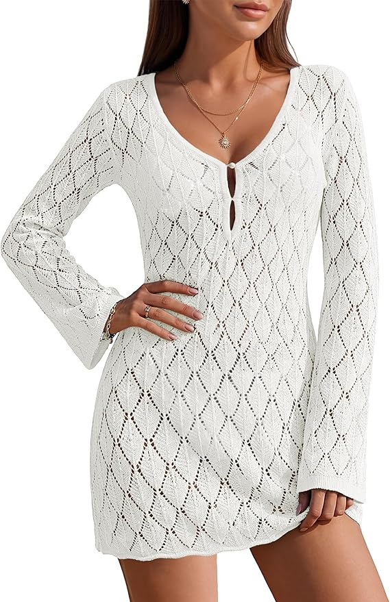 Ekouaer Swimsuit Coverup for Women Crochet Beach Cover Up Hollow Out Long Sleeve Cover Ups 2026 S... | Amazon (US)