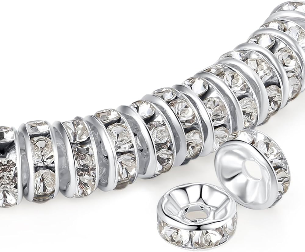 ZHIYUXI 200PCS Sliver Plated Spacer Beads for Jewelry Making 8mm Crystal Rhinestone Sliver Rondel... | Amazon (US)