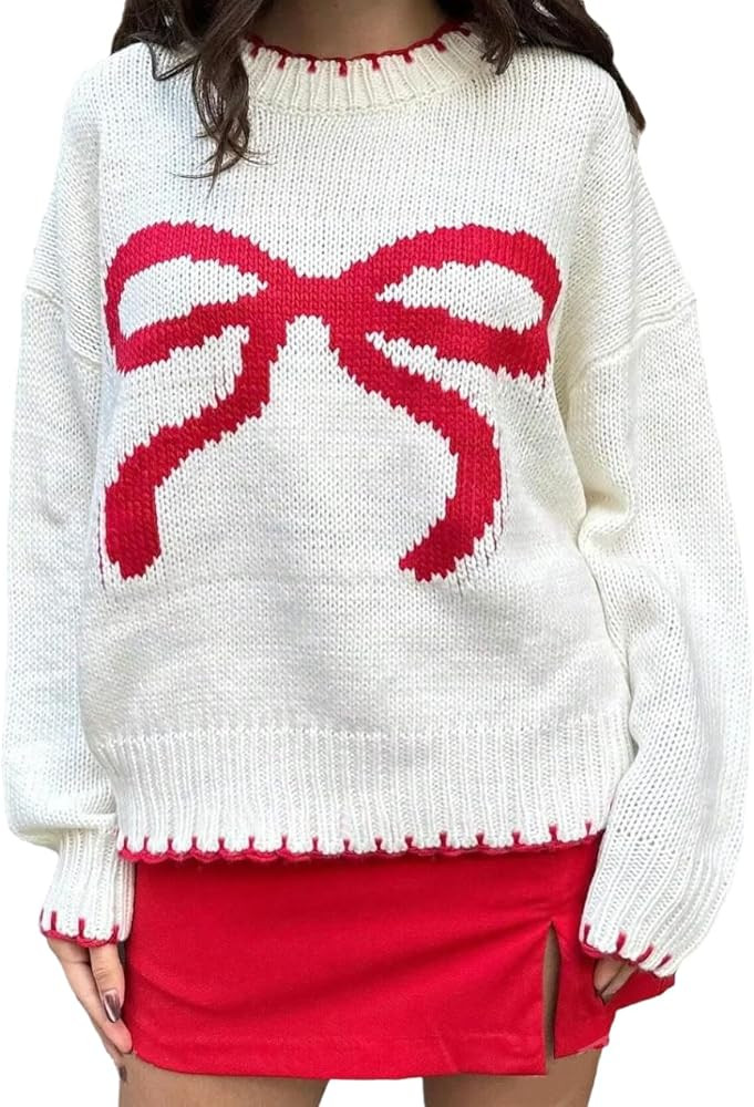 Women's Y2K Bow Knit Sweater Cute Sweater Long Sleeve Crew Neck Contrast Trim Knitwear | Amazon (US)