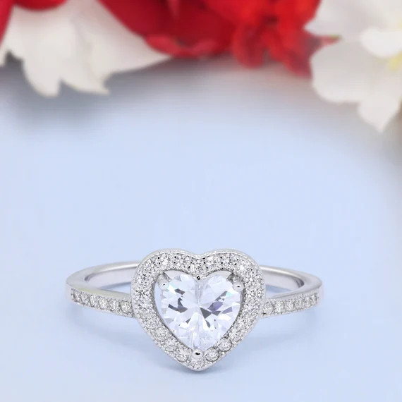 Halo Vintage Art Deco Heart Promise Band Ring Heart Shape Simulated Diamond 925 Sterling Silver | Etsy (US)