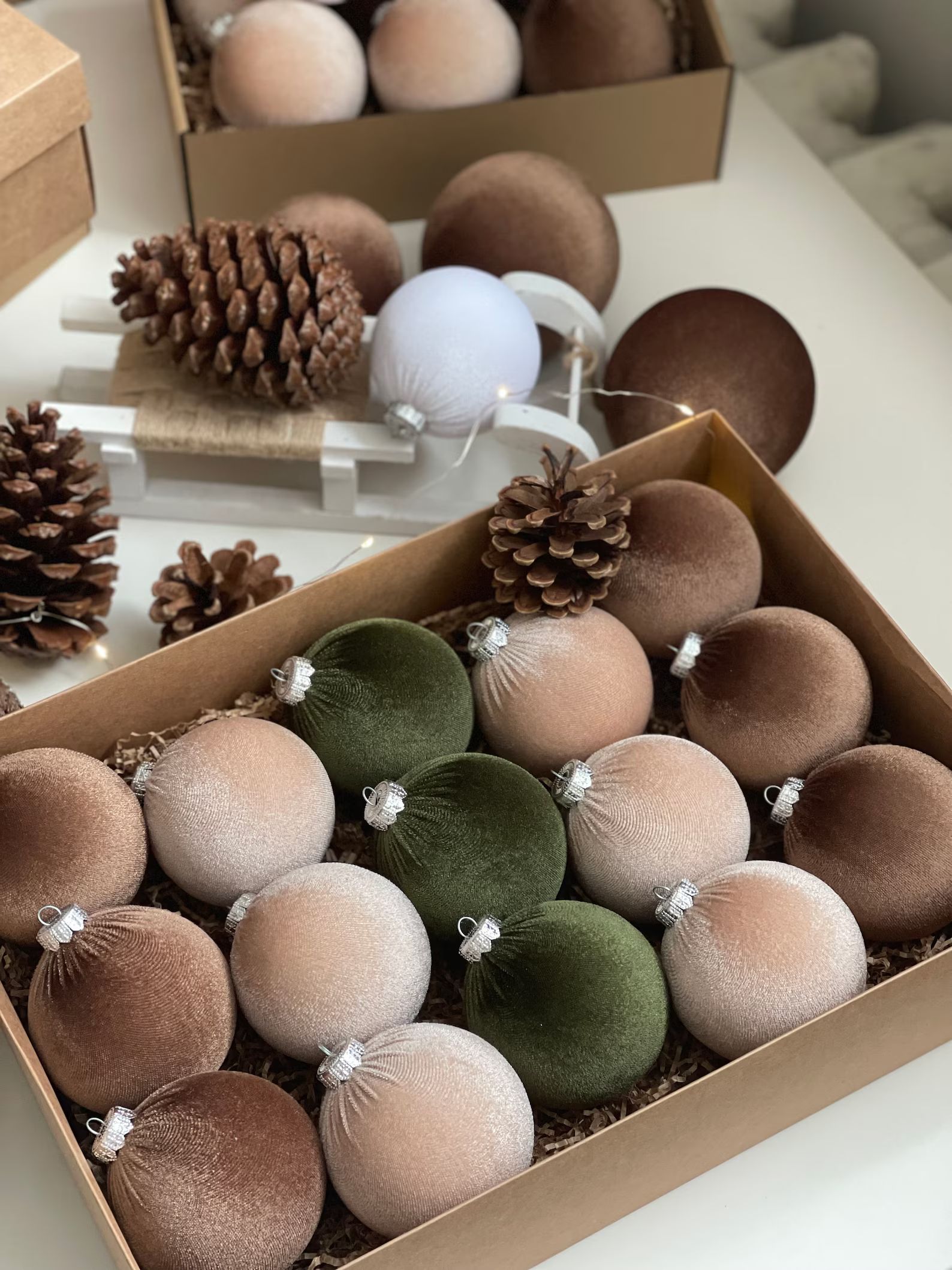 CHRISTMAS ORNAMENTS MIX Moss Green Brown Beige 15 Units Set Handmade Velvet Balls Home Tree Decor... | Etsy (US)