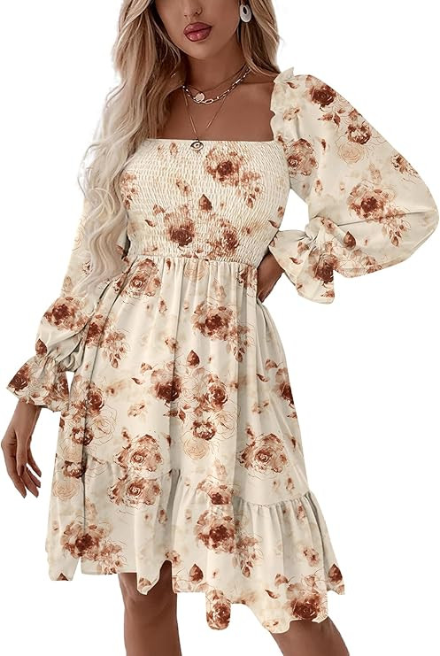 LYANER Women's Square Neck Lantern Long Sleeve Ruffle Shirred Flowy Party Mini Dress | Amazon (US)