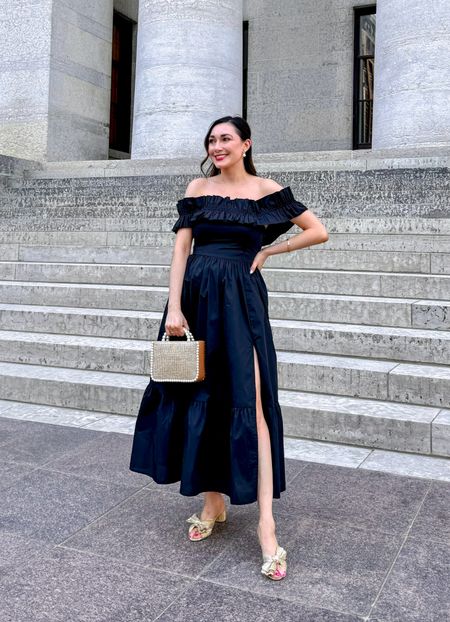 Wedding guest dress 🖤

Black off the shoulder midi dress size small, a little snug in bust 
Gold bow heels size 7.5, size up half to full size 

Date night outfit 
Black dress 
Vacation outfit 




#LTKshoecrush #LTKwedding #LTKstyletip