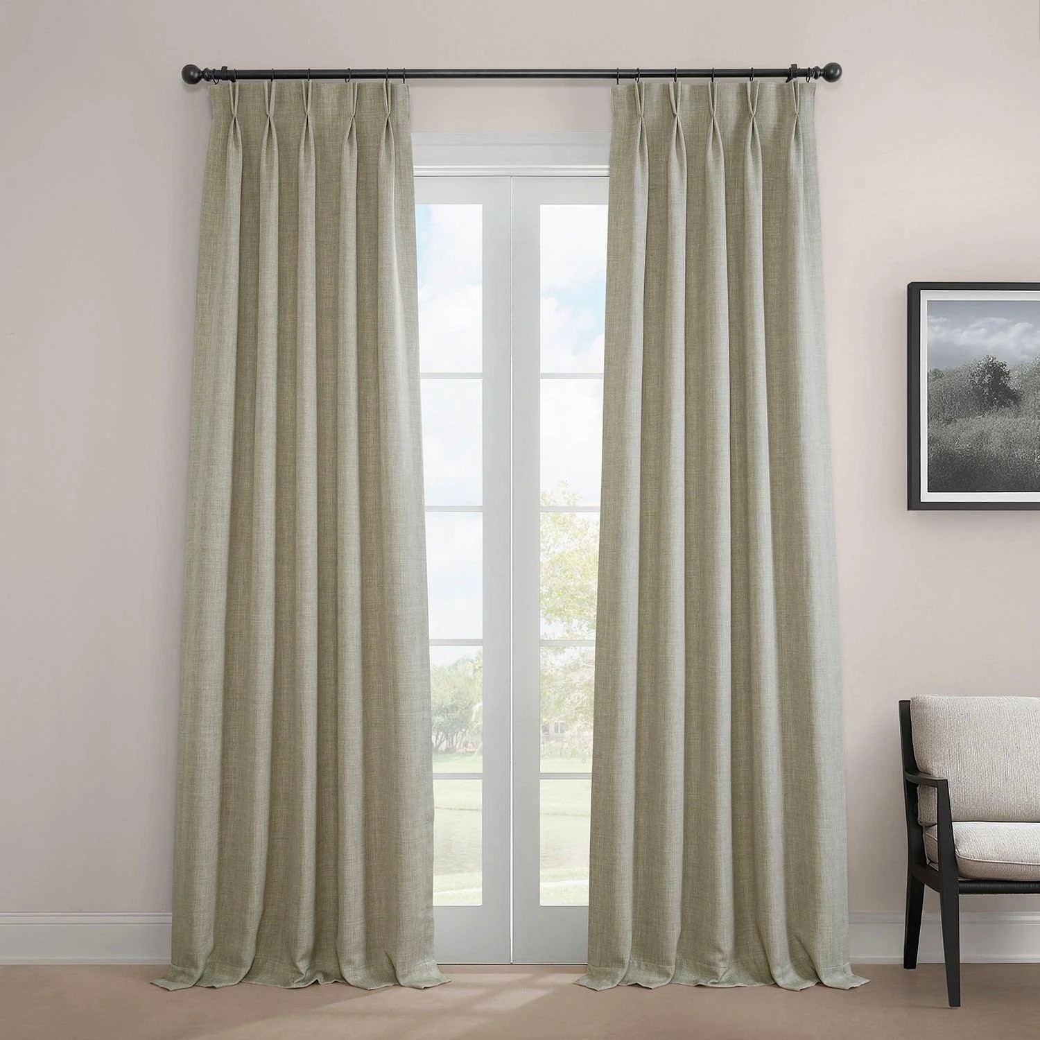 Oatmeal French Pleat Textured Faux Linen Room Darkening Curtain | Half Price Drapes