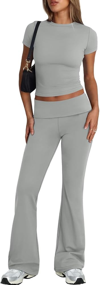 Trendy Queen Lounge Sets For Women 2 Piece Casual Y2K Outfits Short Sleeve Cropped Tops Fold Over... | Amazon (US)
