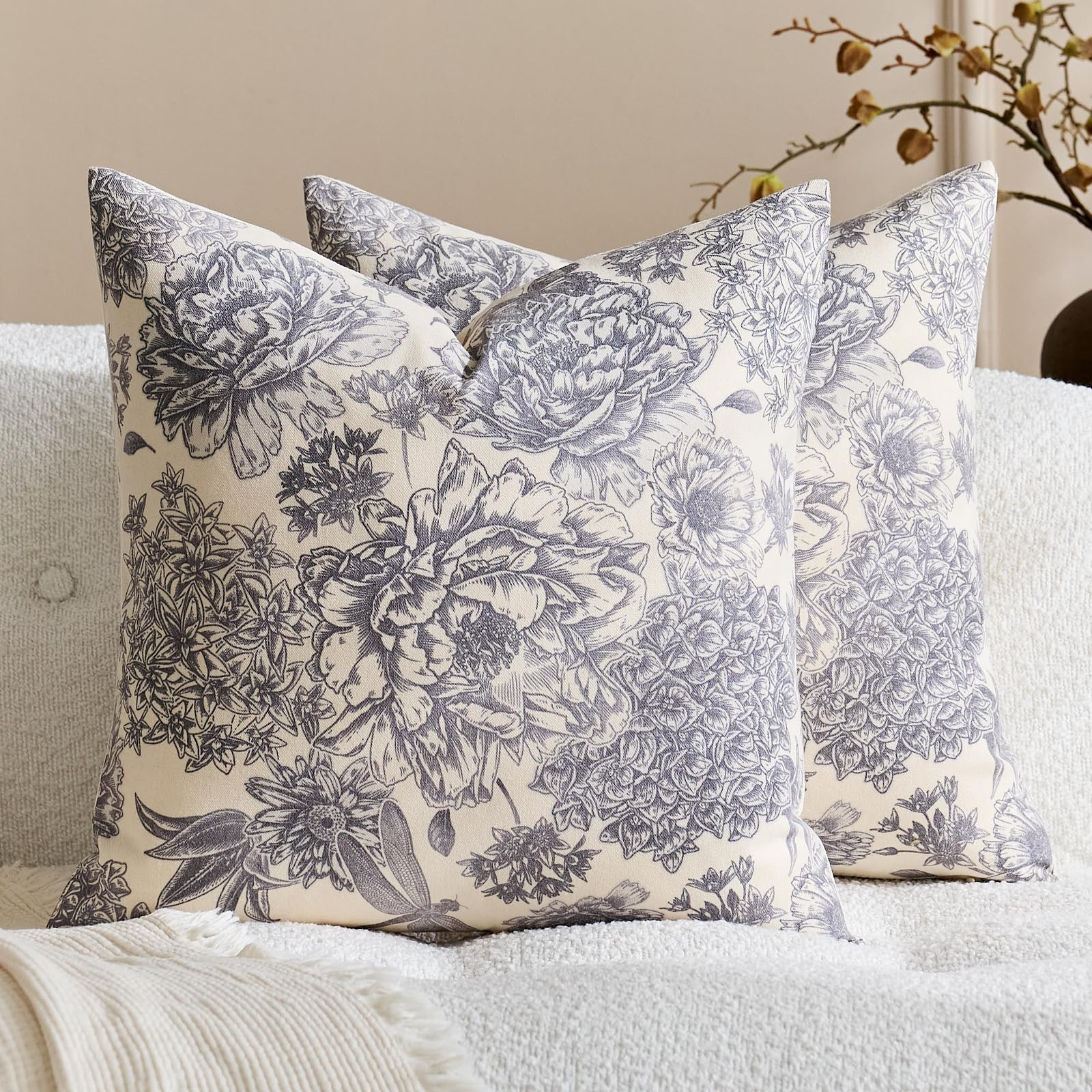 Floral Pillow Covers 24x24 Inch Set of 2 Blue White Farmhouse Block Print Pillow Covers Decorativ... | Amazon (US)