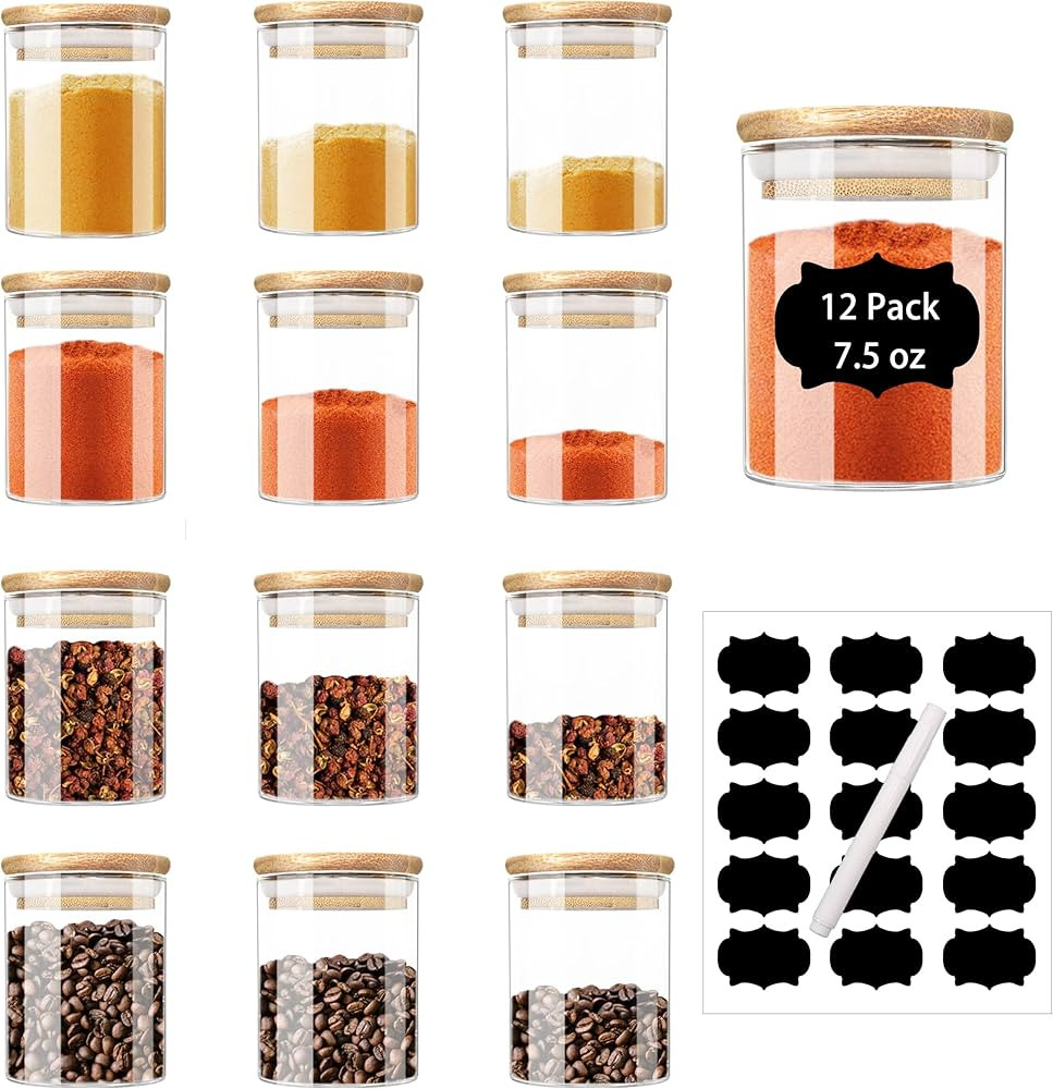ZRRHOO 12 Pack Glass Jars with Bamboo Lids, 7.5oz Airtight Spice Jars Set with Extra Labels and P... | Amazon (US)