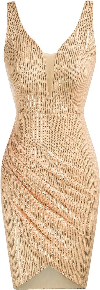 GRACE KARIN Women Deep V Neck Party Mini Dress U Back Sequin Irregular Hem Evening Dress | Amazon (US)