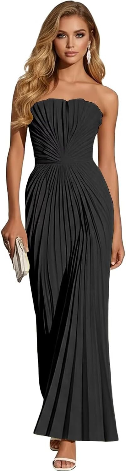 Strapless Bridesmaid Dress Pleated Chiffon Long Formal Prom Dress for Cocktail Party Gowns | Amazon (US)