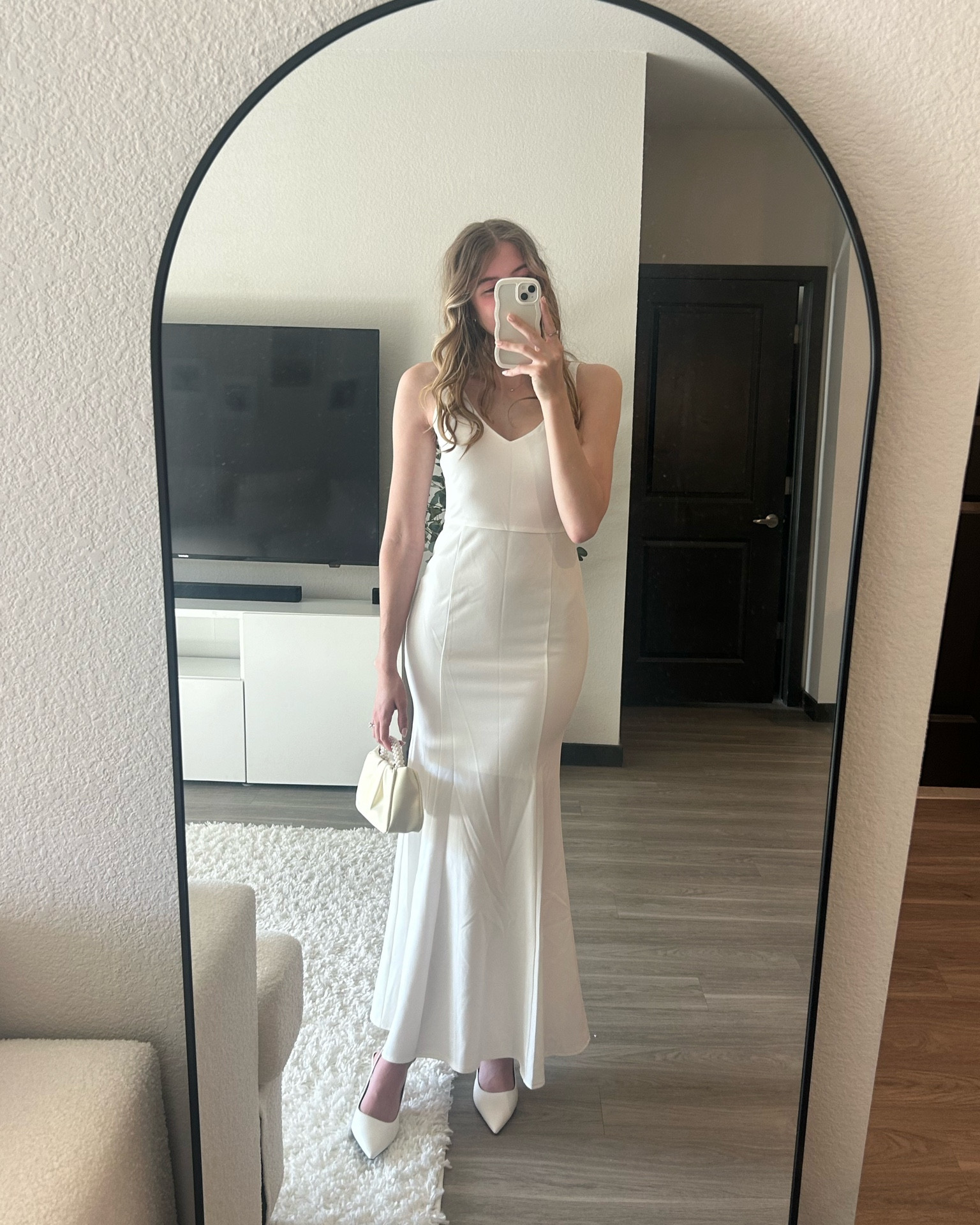 Under $50 white dress, perfect for any bridal event, it’s double layered not see-through, wearing a size small, with a pearl purse ✨🤍

#LTKitbag #LTKwedding #LTKsalealert