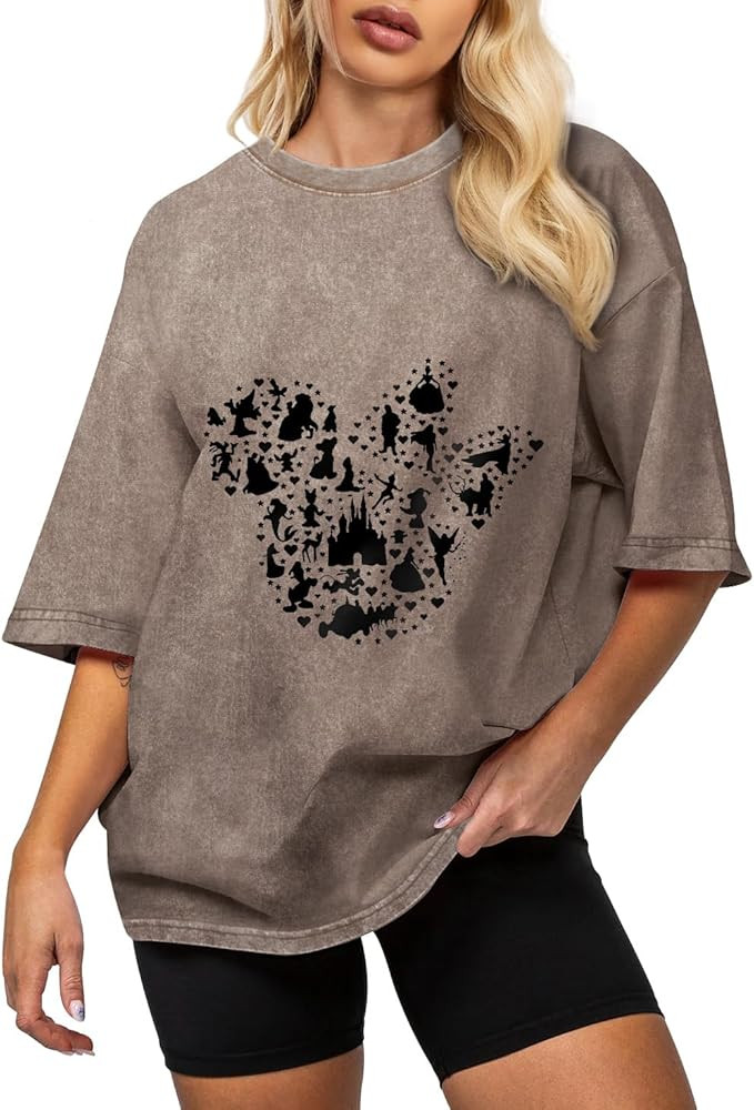 Flafens Oversized Acid Wash Vintage T Shirts for Women - Graphic Tees Womens Retro Cotton Cute Co... | Amazon (US)